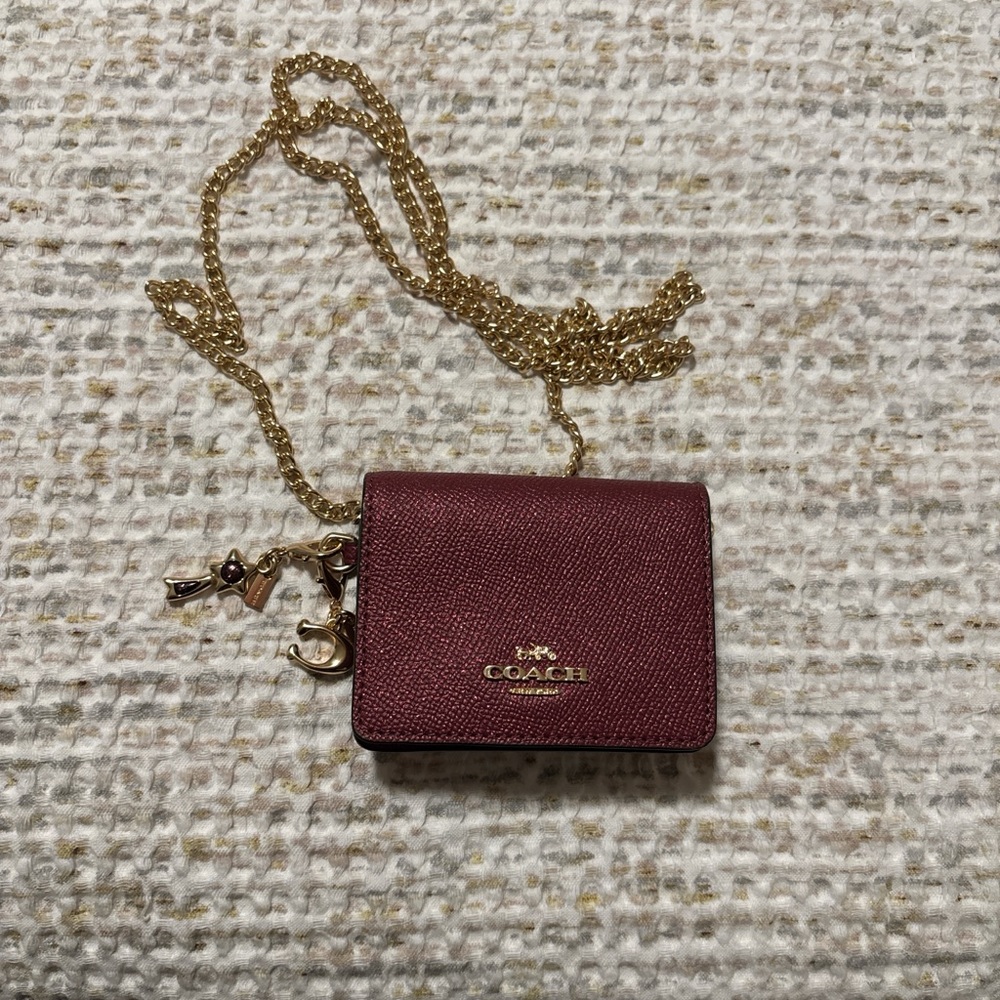 Coach Burgundy Leather Mini Wallet Crossbody with Gold Chain and Charms